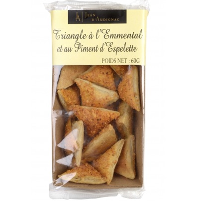 Triangles à l'emmental et au Piment d'Espelette pur beurre - 60 g (Jean d'Audignac) Triangles à l'emmental et au Piment d'Espelette pur beurre - 60 g (Jean d'Audignac)