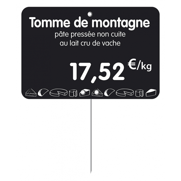 Etiquette : Noire à texte et prix décor Fromage - 7x10 cm (pique inox) Etiquette : Noire à texte et prix décor Fromage - 7x10 cm (pique inox)