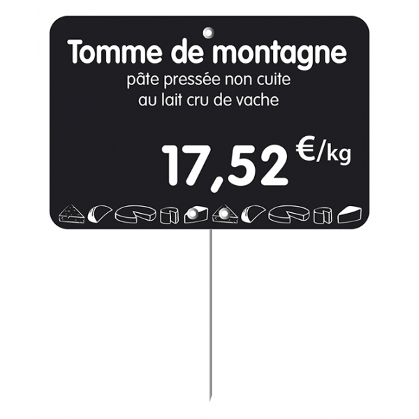 Etiquette : Noire à texte et prix décor Fromage - 8x12 cm (pique inox)