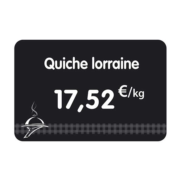 Etiquette : Noire à texte et prix décor Charcuterie Traiteur - 6x8 cm (pique inox) Etiquette : Noire à texte et prix décor Charcuterie Traiteur - 6x8 cm (pique inox)