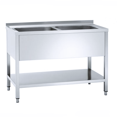 1200x600x880 mm - 2 Cuves de 400x500x300 mm  - Plonge sur pieds avec étagère basse
